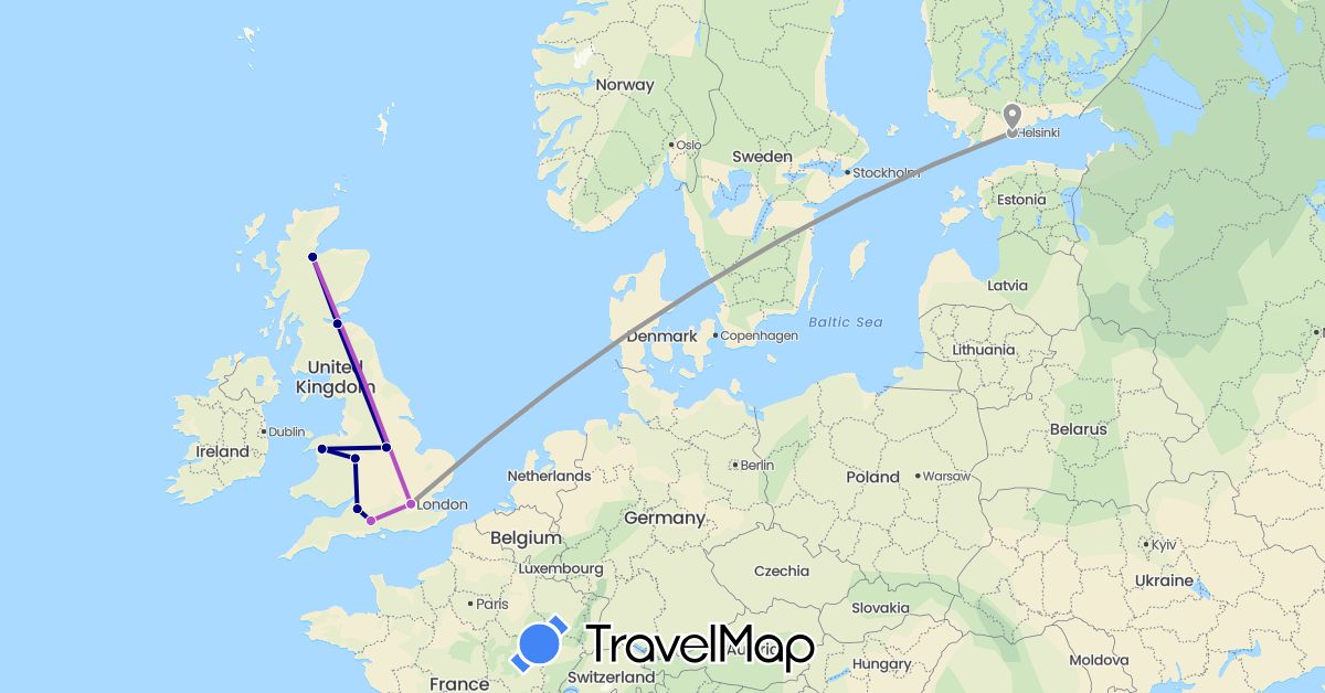 TravelMap itinerary: driving, plane, train in Finland, United Kingdom (Europe)